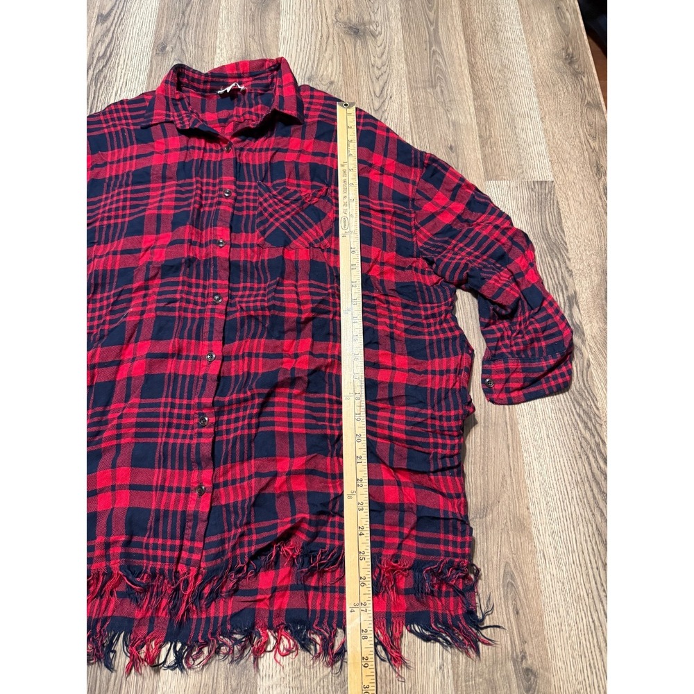 Umgee Shirt, Womens Size Small, Red Black Plaid Long Sleeve Button Up Frayed Hem - Picture 7 of 9